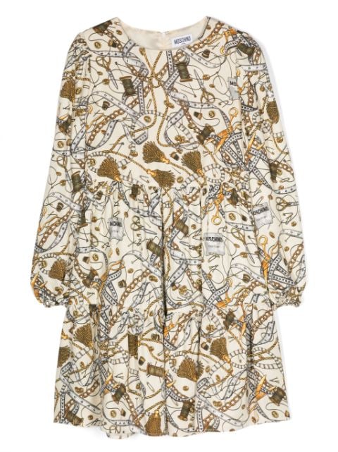 Sartorial-print long-sleeve dress