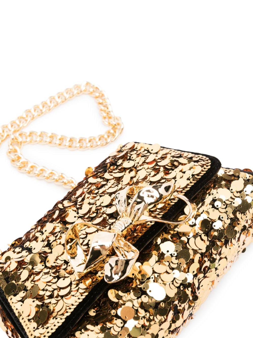 Shop Self-portrait Mini Sequin-embellished Bow Shoulder Bag In Gold