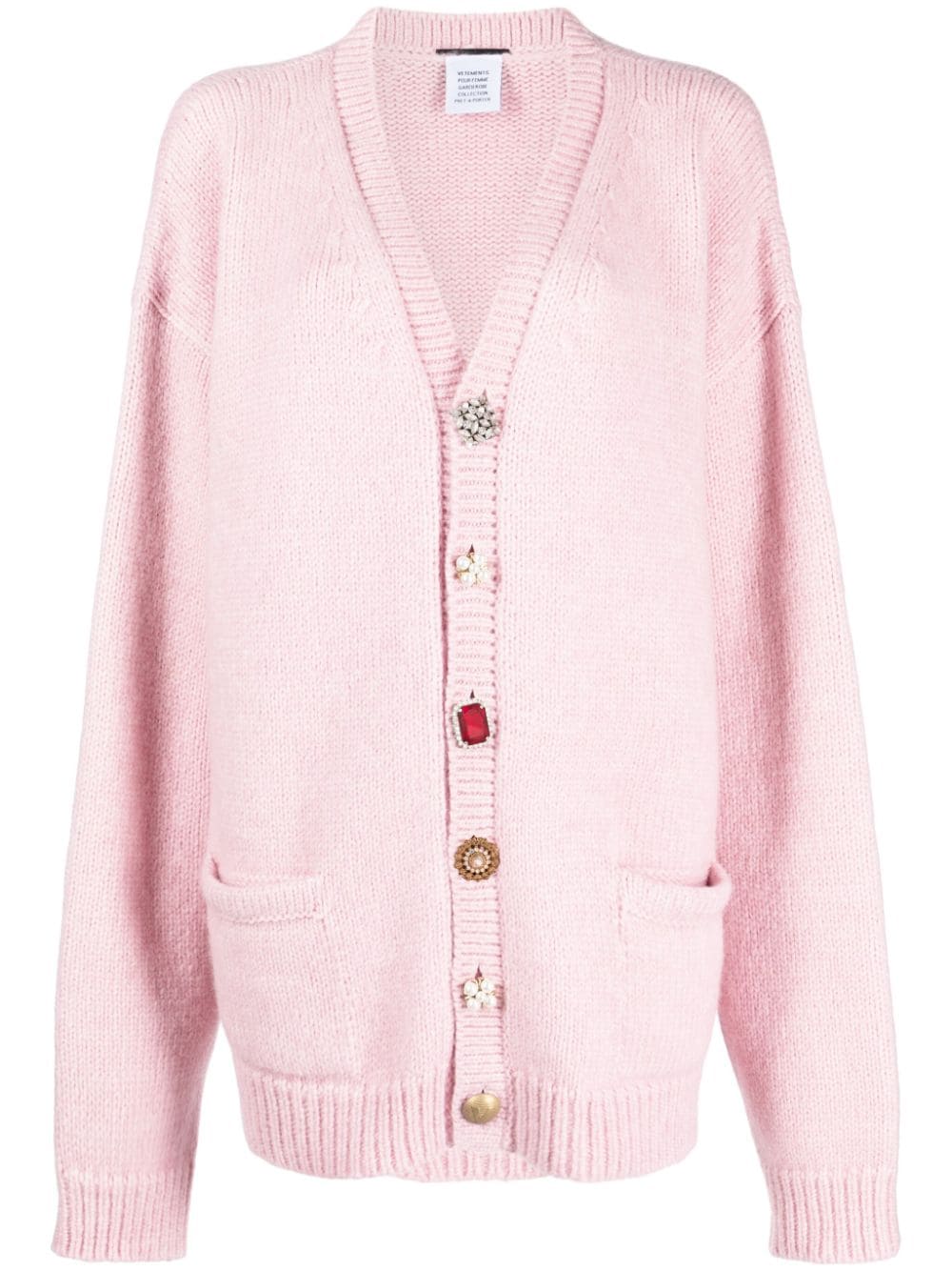 Shop Vetements Crystal-buttons Ribbed-knit Cardigan In Pink
