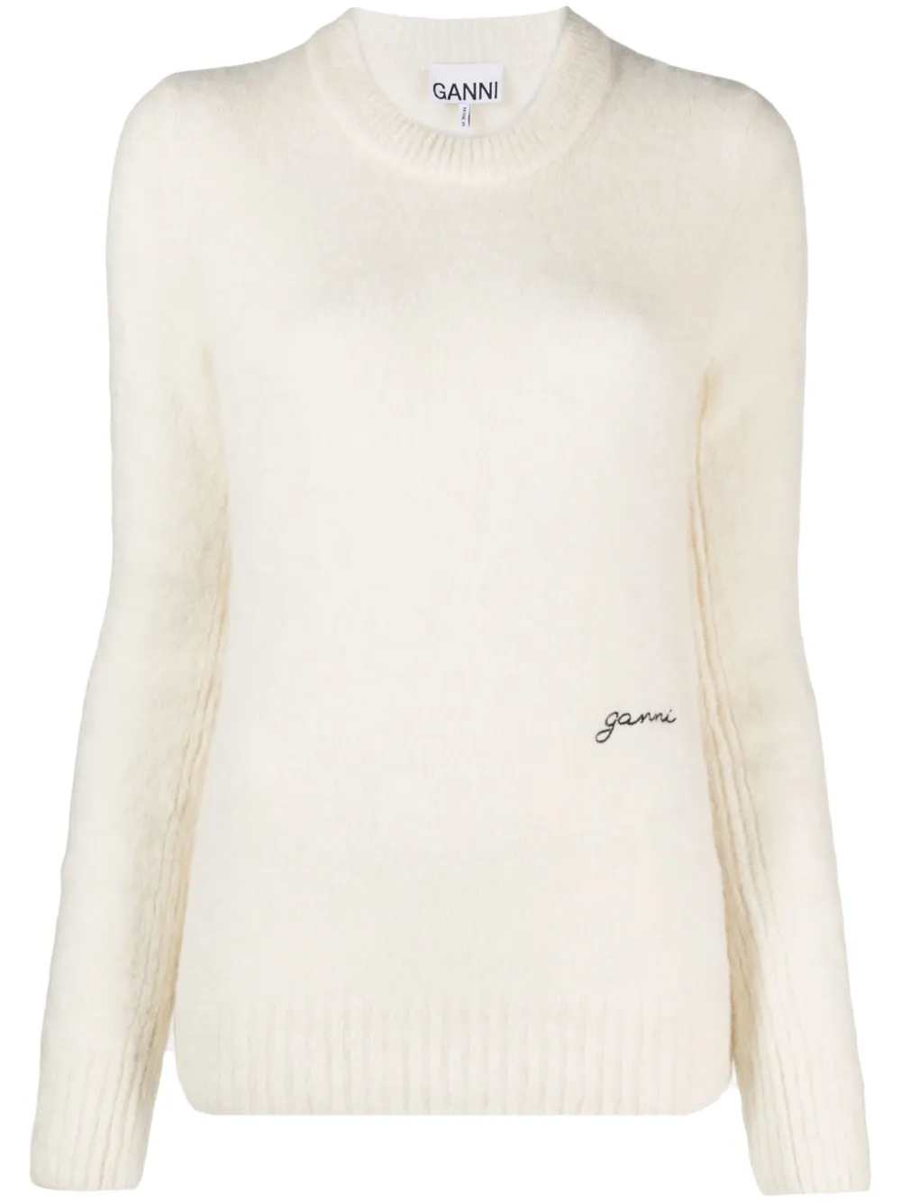 Shop Ganni Logo-embroidered Wool-blend Jumper In Neutrals