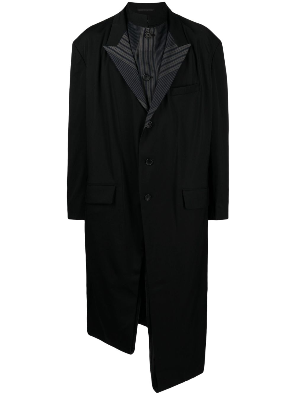 Yohji Yamamoto Asymmetric Striped-lining Wool Coat In Black