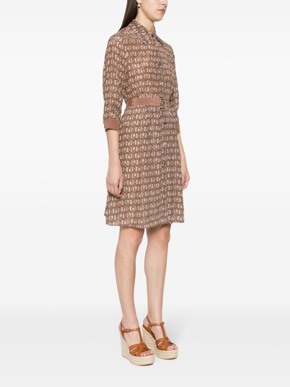 Shop Liu •jo Monogram-jacquard Silk Mini Dress In Brown