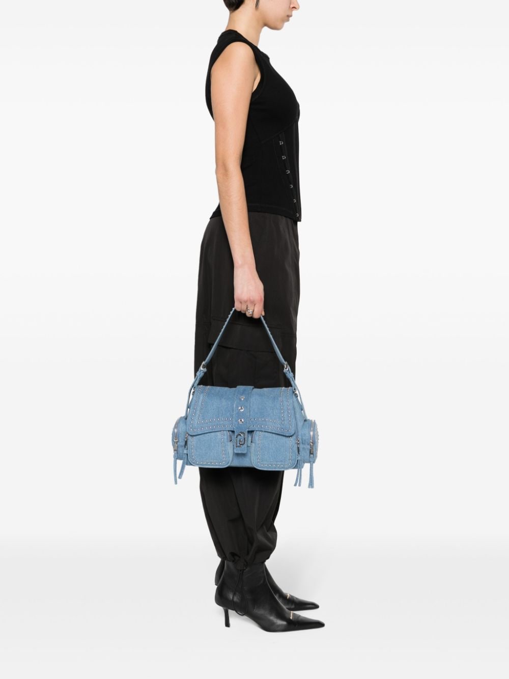 Shop Liu •jo Medium Stud-detail Denim Bag In Blue