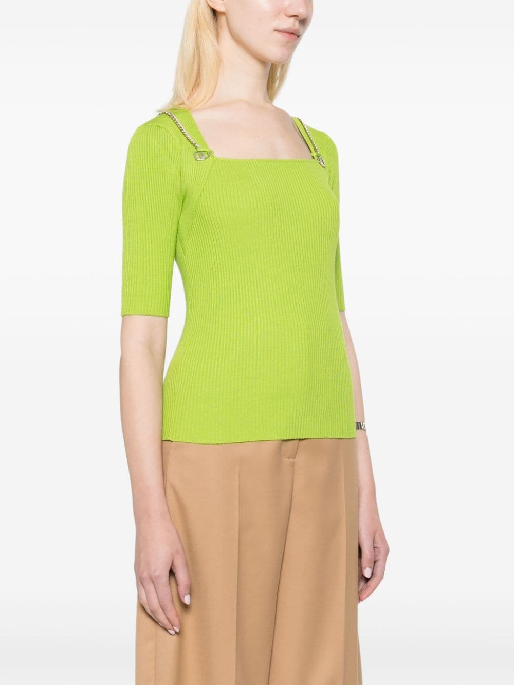 Shop Liu •jo Cut-out Ribbed-knit Top In Green