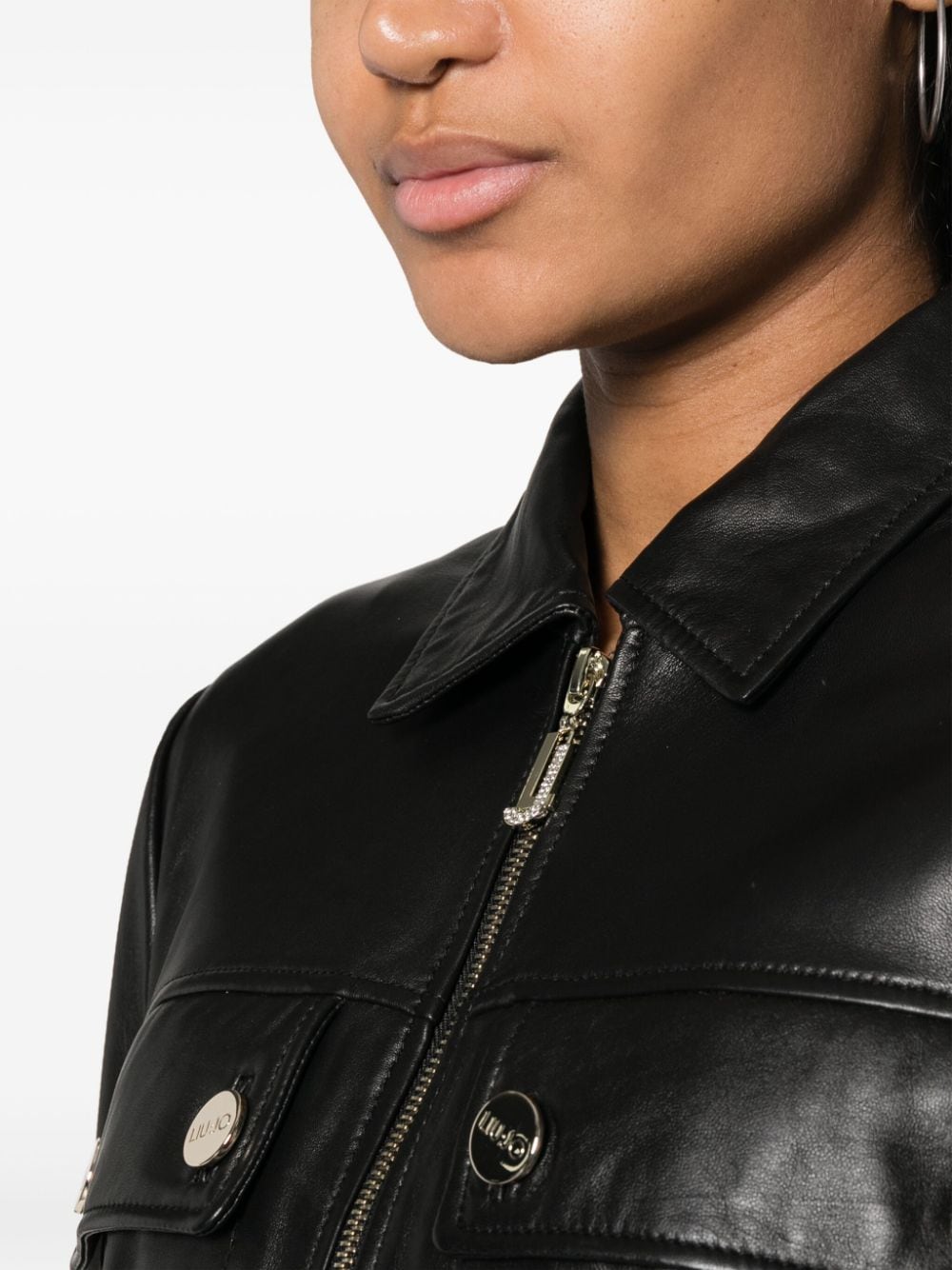 Shop Liu •jo Cropped Leather Jacket In Black