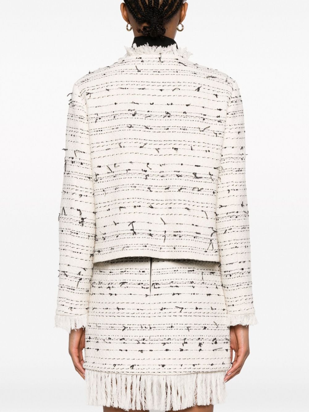 Shop Liu •jo Frayed Cotton Blend Tweed Jacket In Neutrals