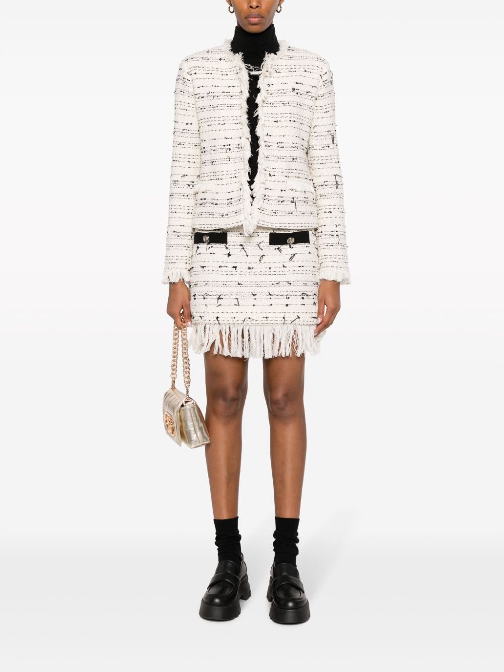 Shop Liu •jo Frayed Cotton Blend Tweed Jacket In Neutrals