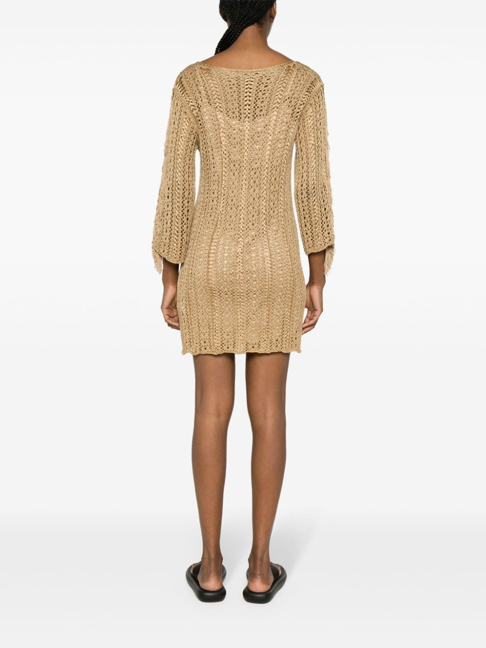 Shop Liu •jo Fringe-detail Open-knit Dress In Neutrals