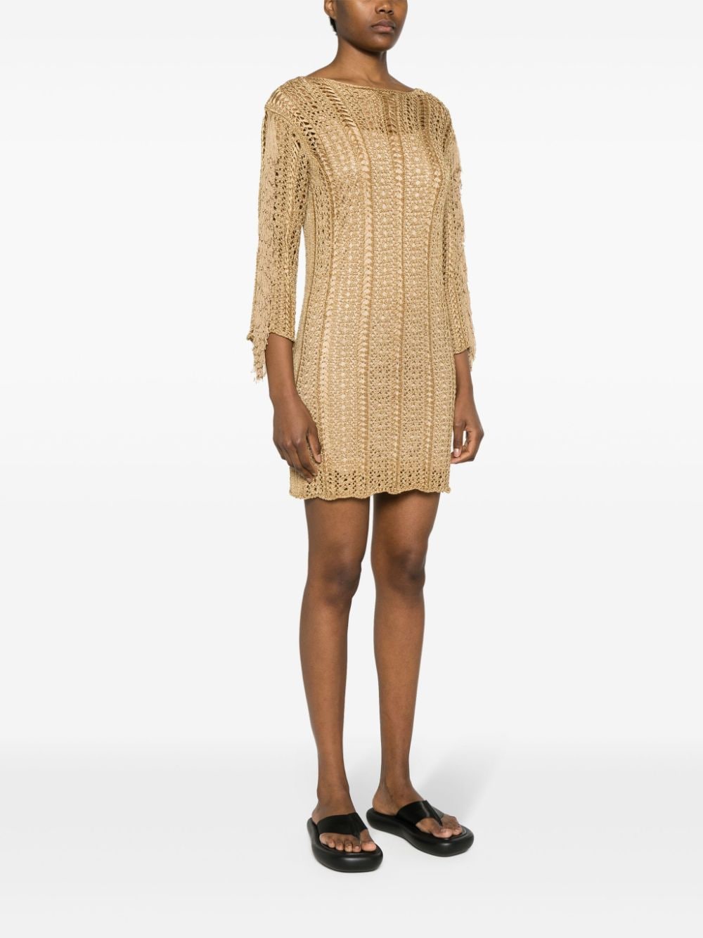 Shop Liu •jo Fringe-detail Open-knit Dress In Neutrals