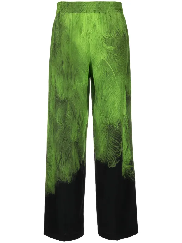 Victoria Beckham Feather-print Silk Trousers in Green