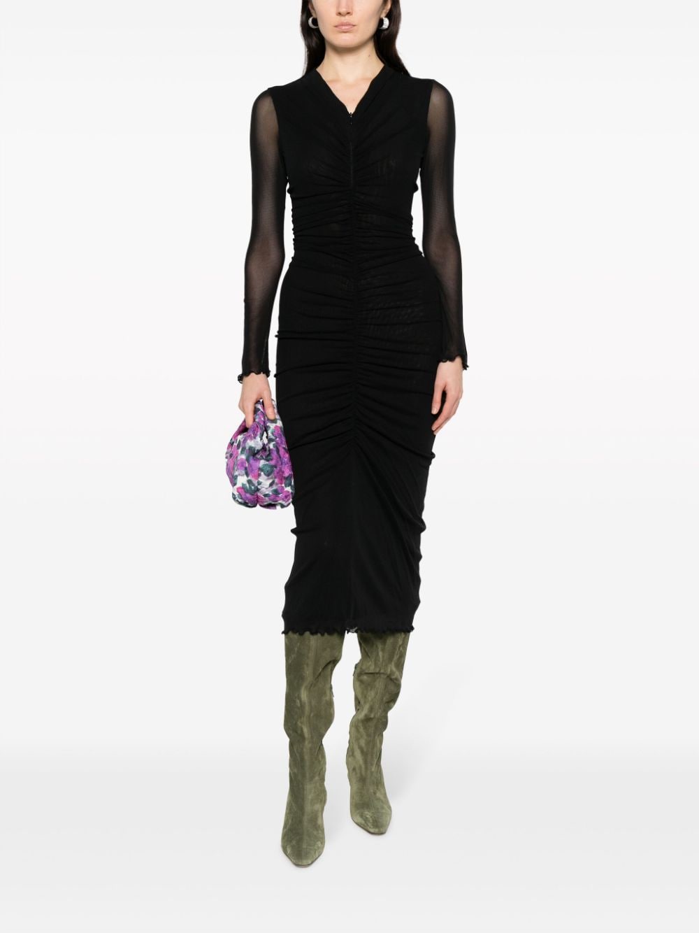 DVF Diane von Furstenberg gathered sheer-sleeved midi dress - Zwart