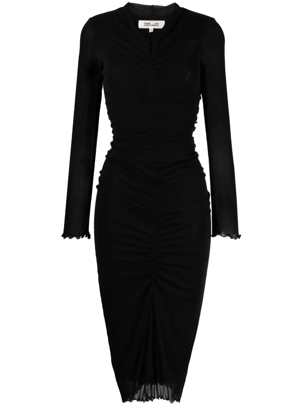 Diane Von Furstenberg Gathered Sheer-sleeved Midi Dress In Black