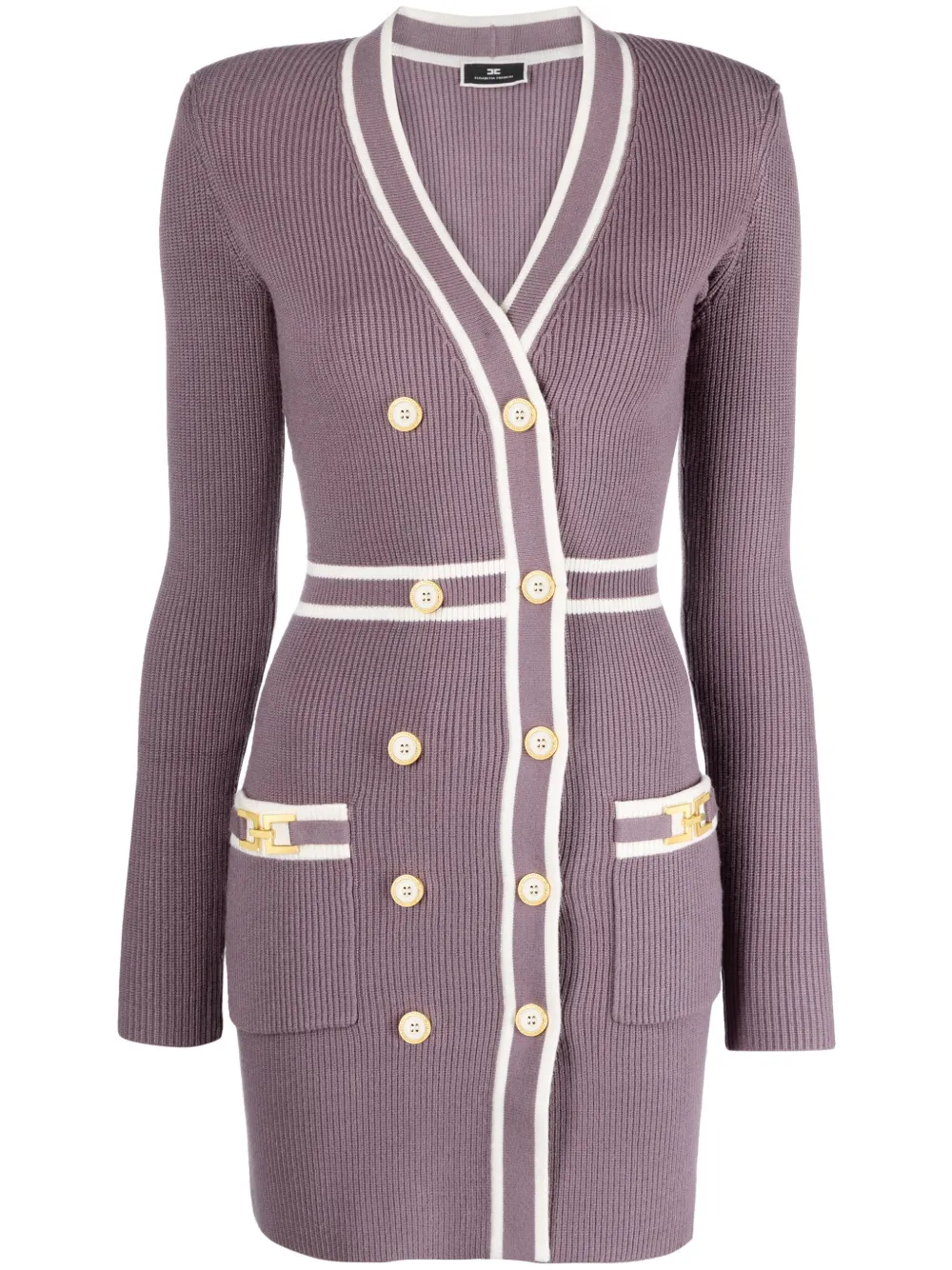 Elisabetta Franchi Knitted V-neck Long-sleeve Minidress In Purple