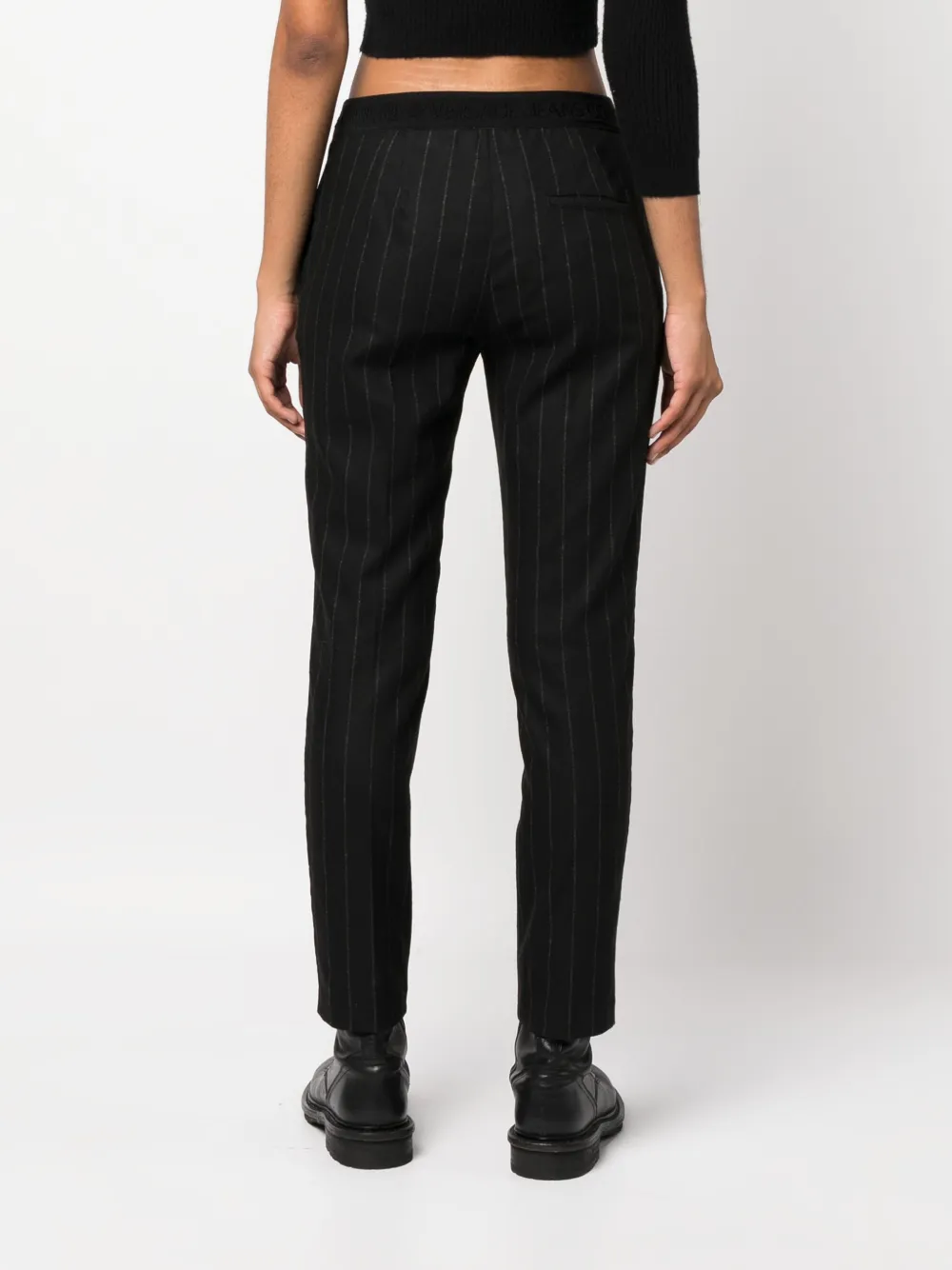Versace Jeans Couture Pinstripe-pattern Slim-cut Trousers In Black
