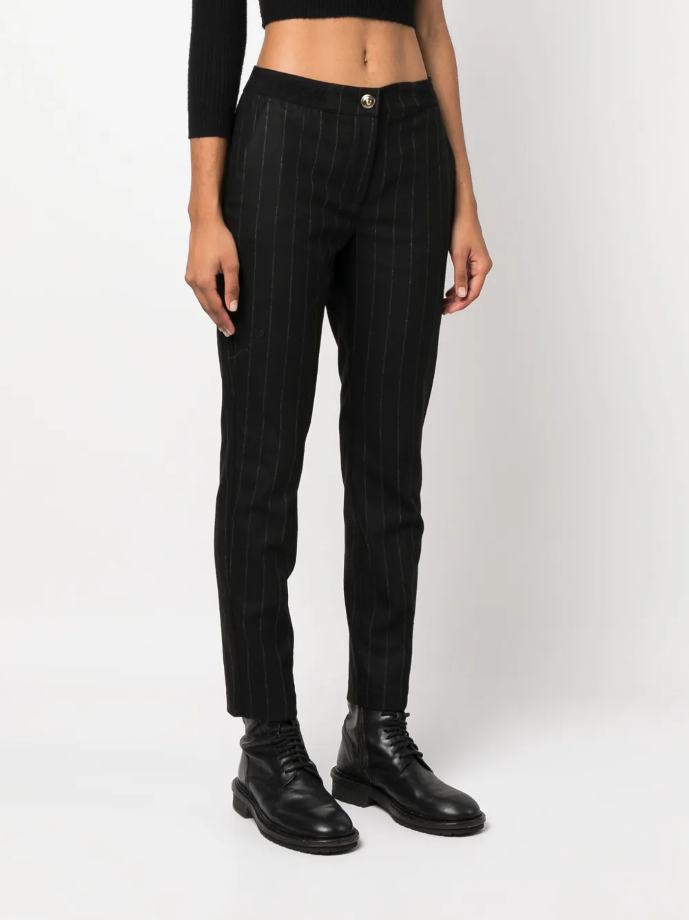 Versace Jeans Couture Pinstripe-pattern Slim-cut Trousers In Black