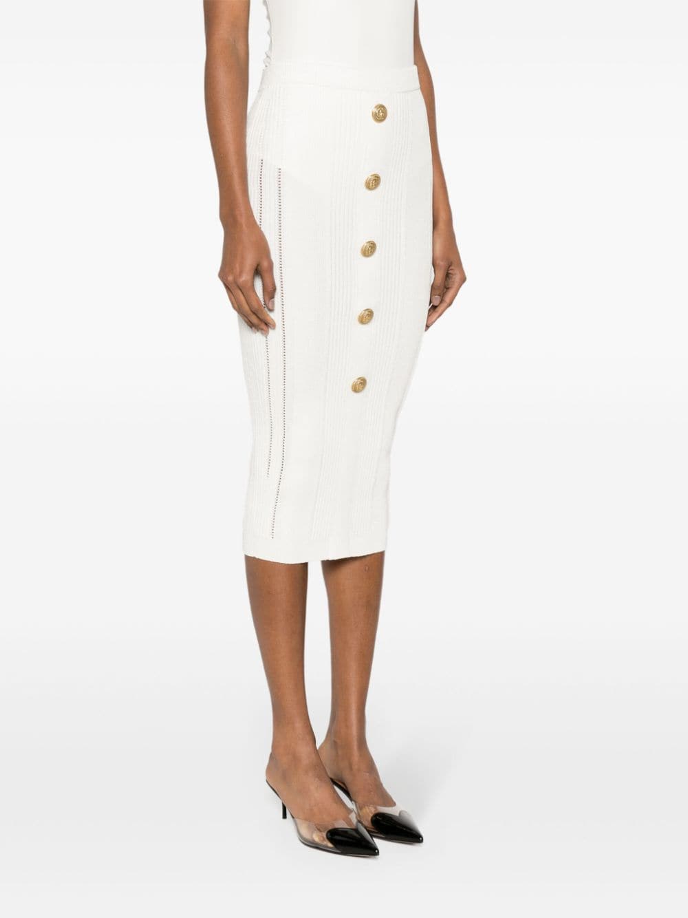 Shop Balmain Lion-head-buttons Ribbed Skirt In White