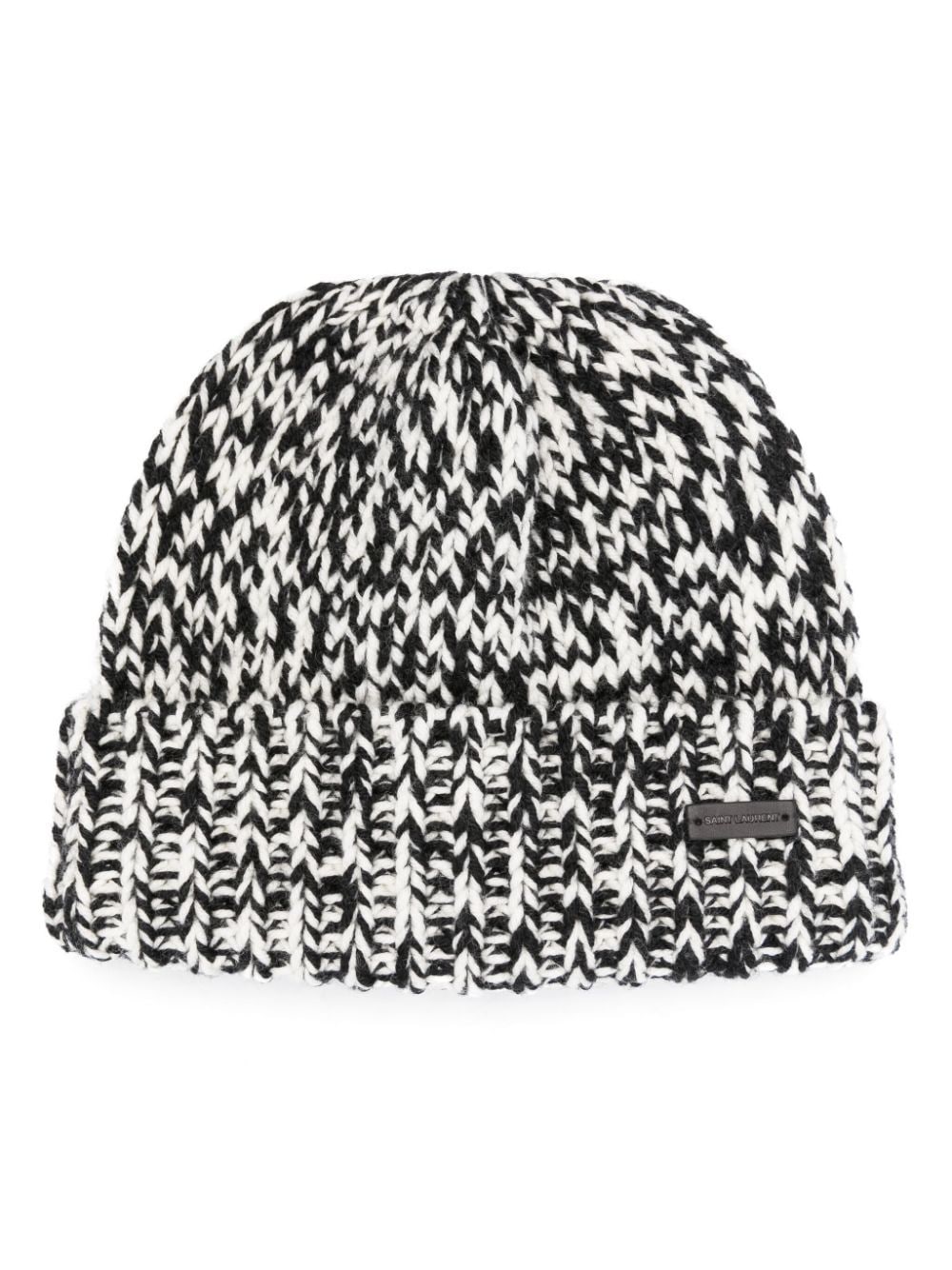 Saint Laurent Mens Black Ivory Brand-plaque Two-tone Wool-knit Beanie