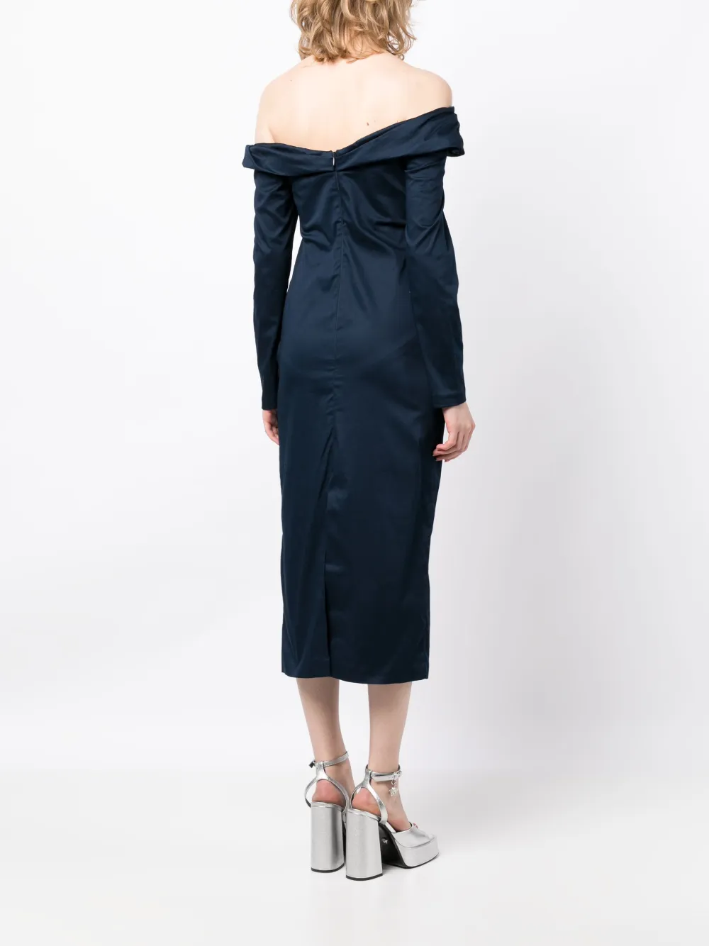 Shop Kika Vargas Off-shoulder Long-sleeve Midi Dress In Blue