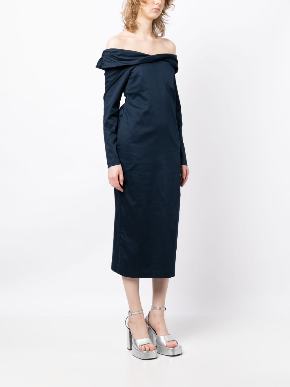 Shop Kika Vargas Off-shoulder Long-sleeve Midi Dress In Blue