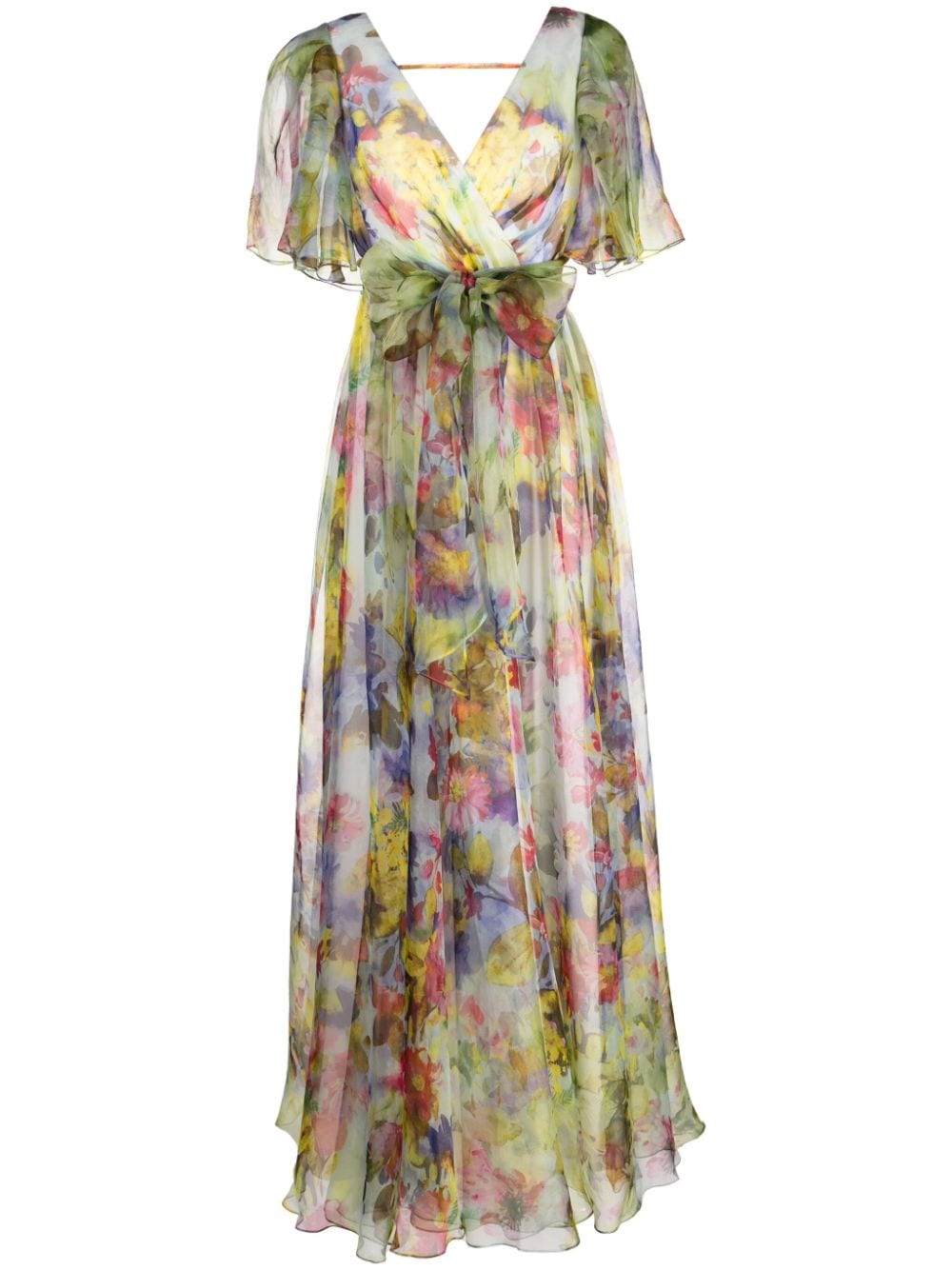 Badgley Mischka Wrap-effect Floral-print Silk-organza Maxi Dress In Leaf Green