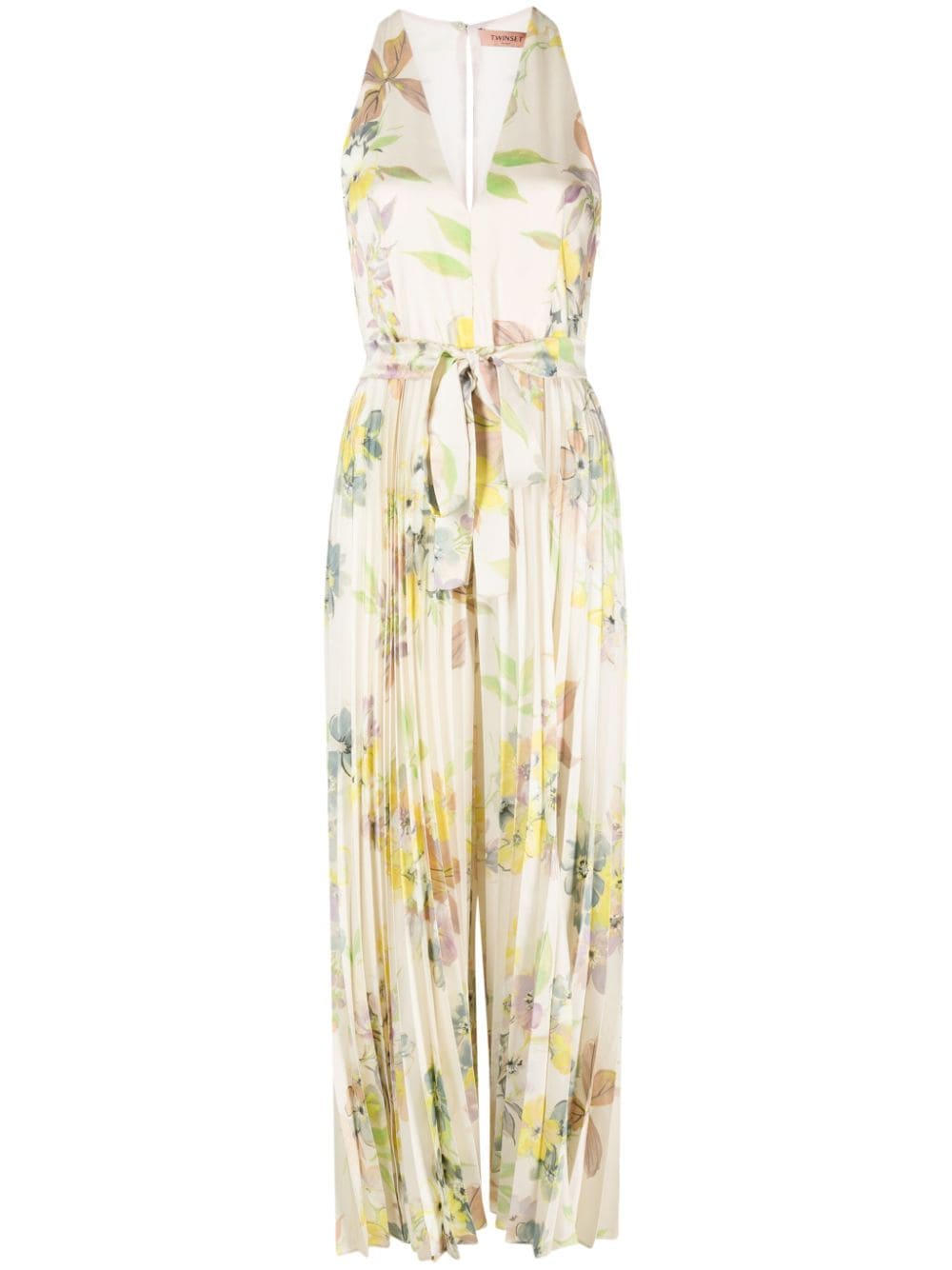 Twinset Floral-print Wide-leg Pleated Jumpsuit In Neutrals