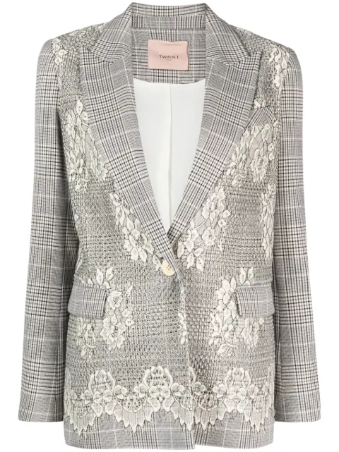 TWINSET Glen plaid-check lace-appliqué blazer 
