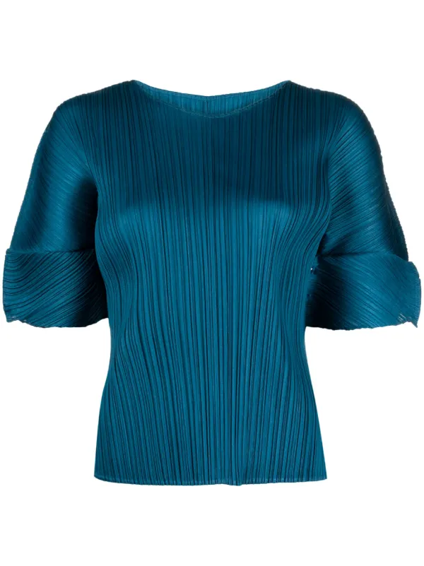 Pleats Please Issey Miyake Pleated Round-neck T-shirt in Blue