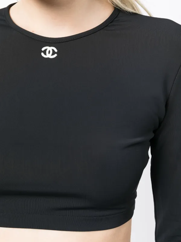 Chanel Black Logo Long Sleeve Crop Top