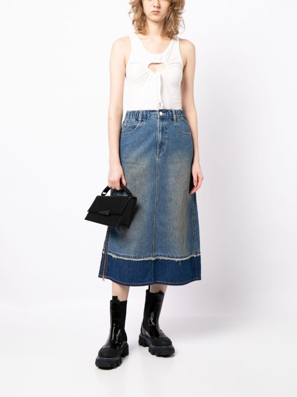 Frayed hem outlet denim midi skirt