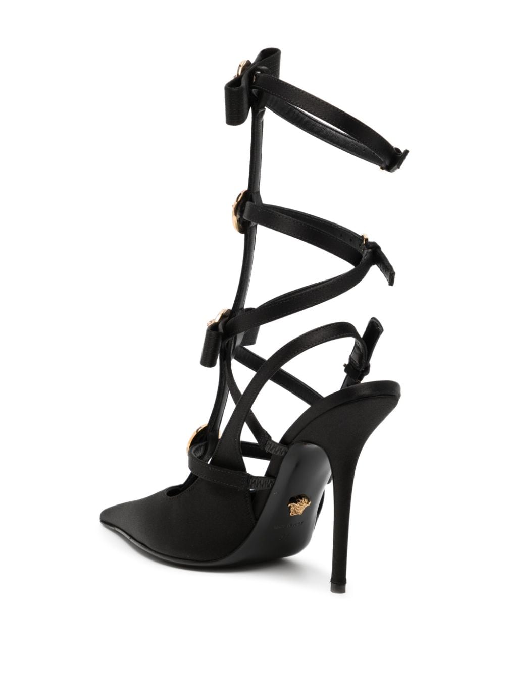 Shop Versace Gianni Ribbon Caged Satin Pumps In Black