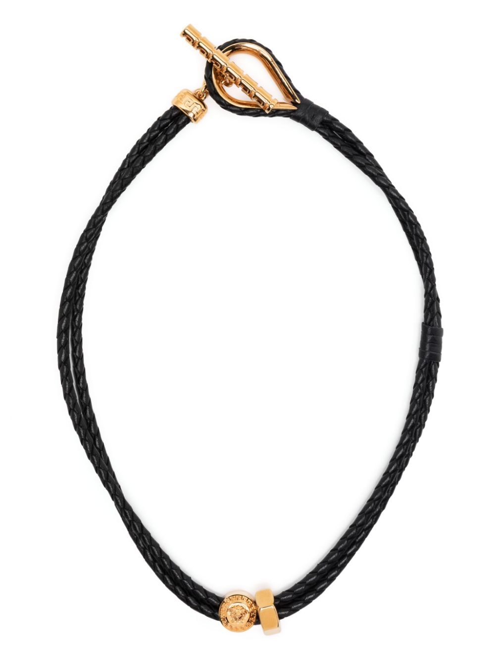 Versace Greca Braided Leather Necklace In Black