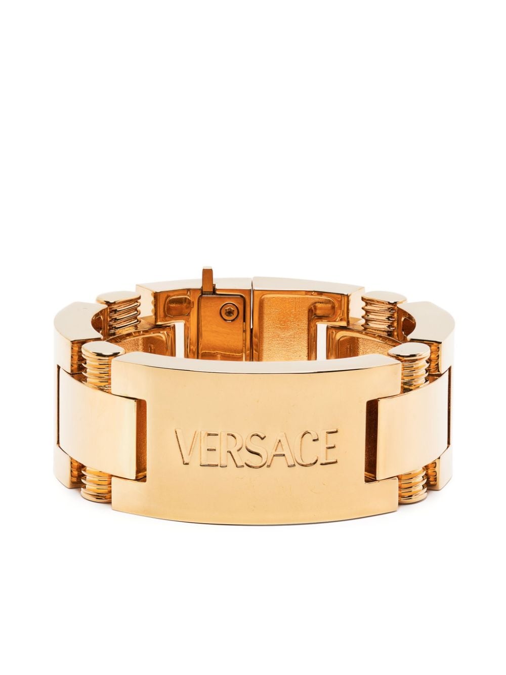 Versace Logo-engraved Metal Bracelet In Gold