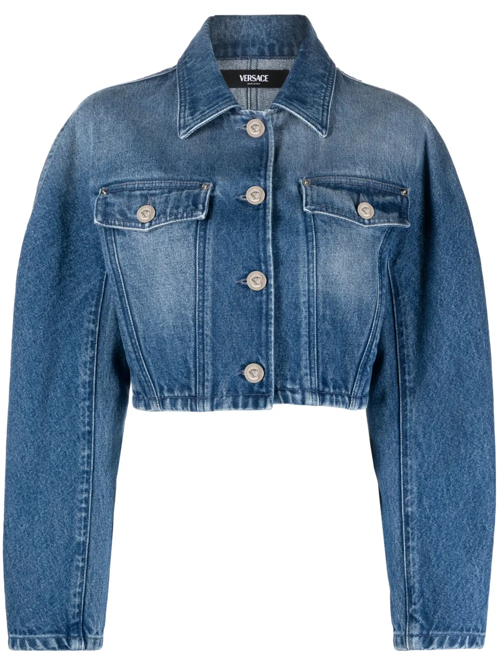 Versace Stone-washed Crop Denim Jacket In Medium Blue