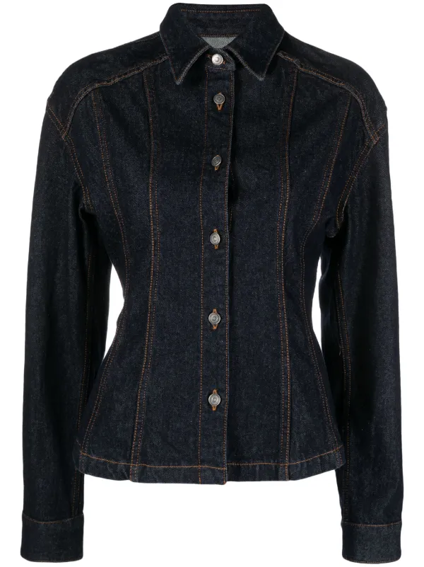 Black denim jacket shop with contrast stitching