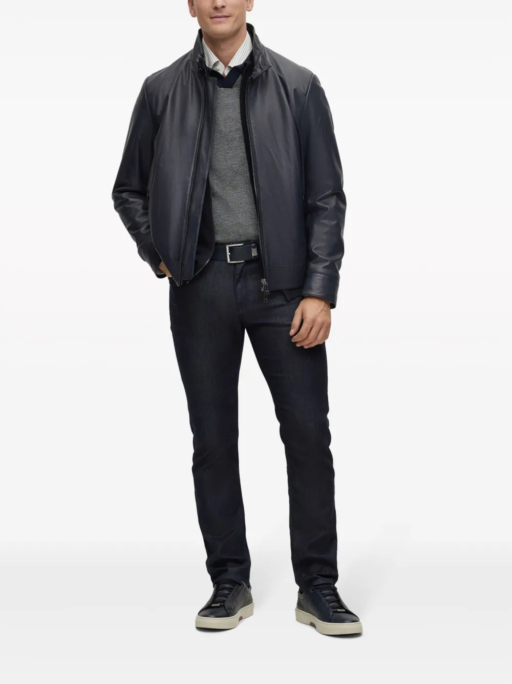 BOSS Leren jack Zwart