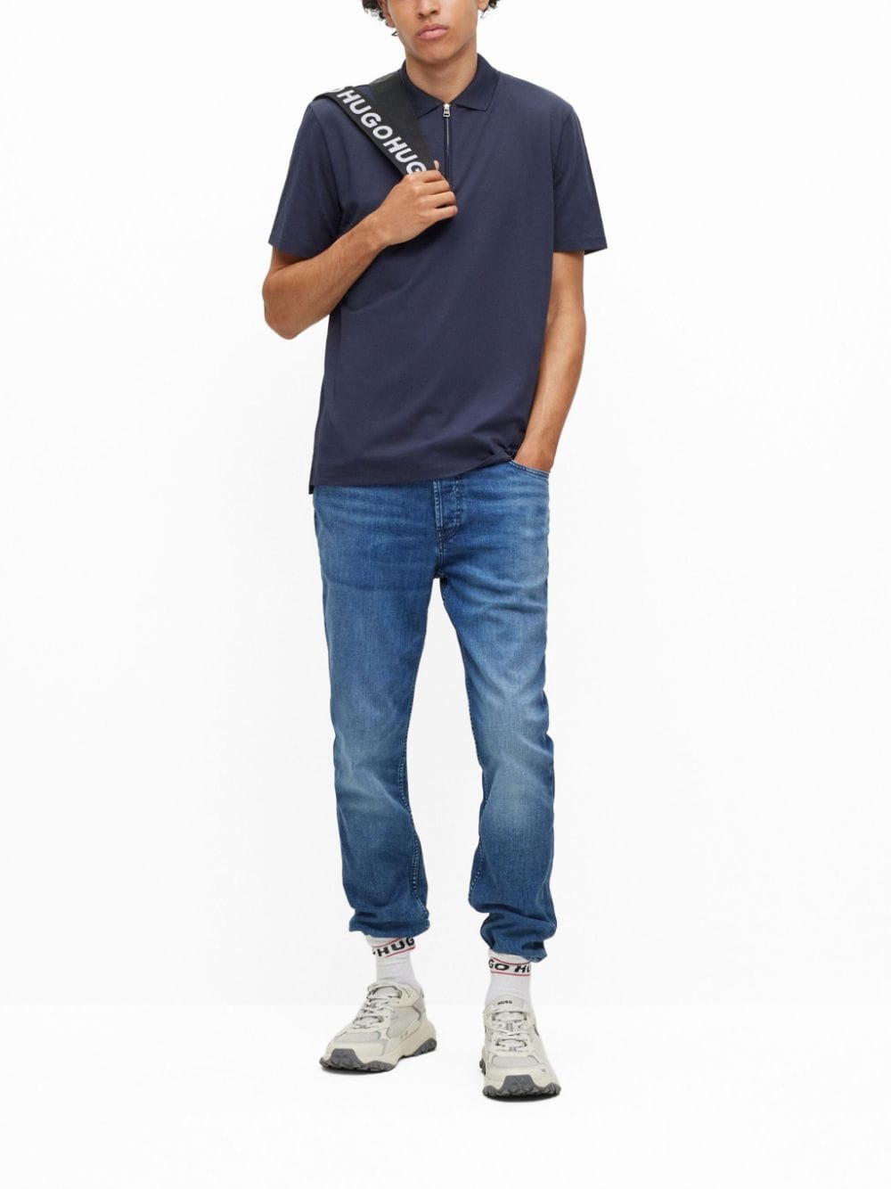Shop Hugo Zip-up Short-sleeve Piqué Polo Shirt In Blue