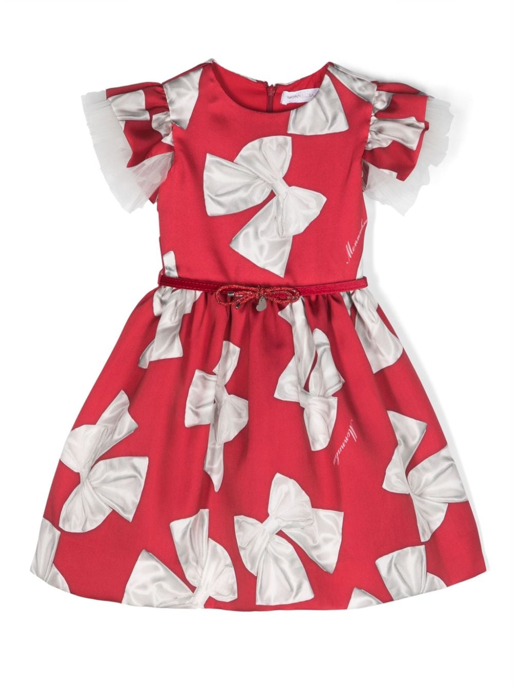 Monnalisa Kids' Bow-printed Belted Dress In Red