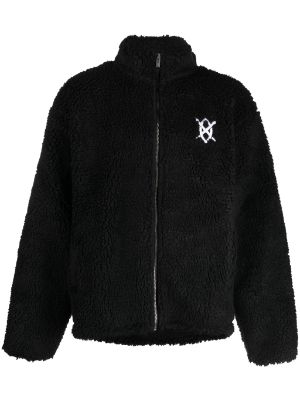 Cozy black faux fur zipper jacket with white LV monograms