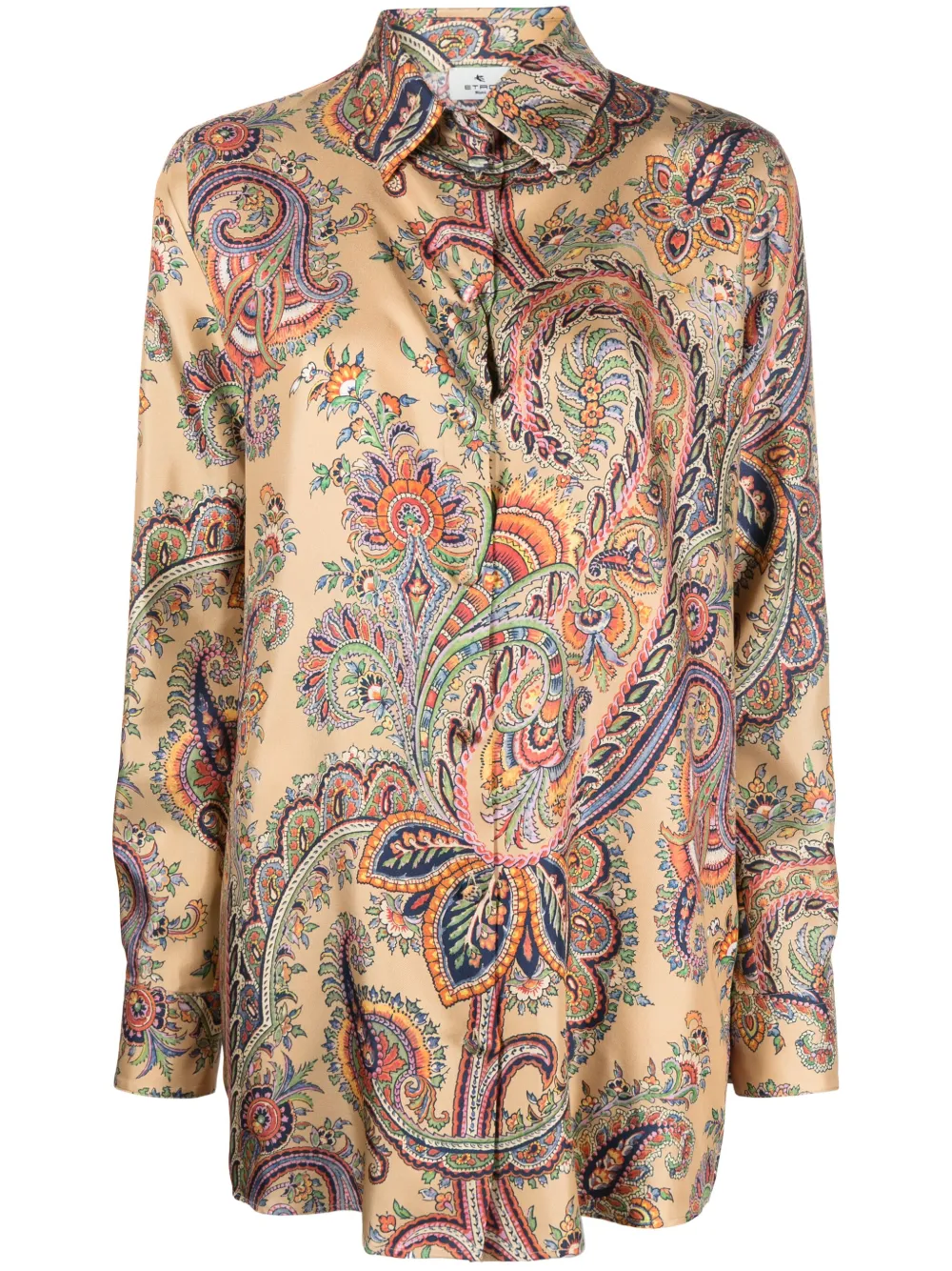 Etro Paisley Print Silk Top With Classic Collar In Nude