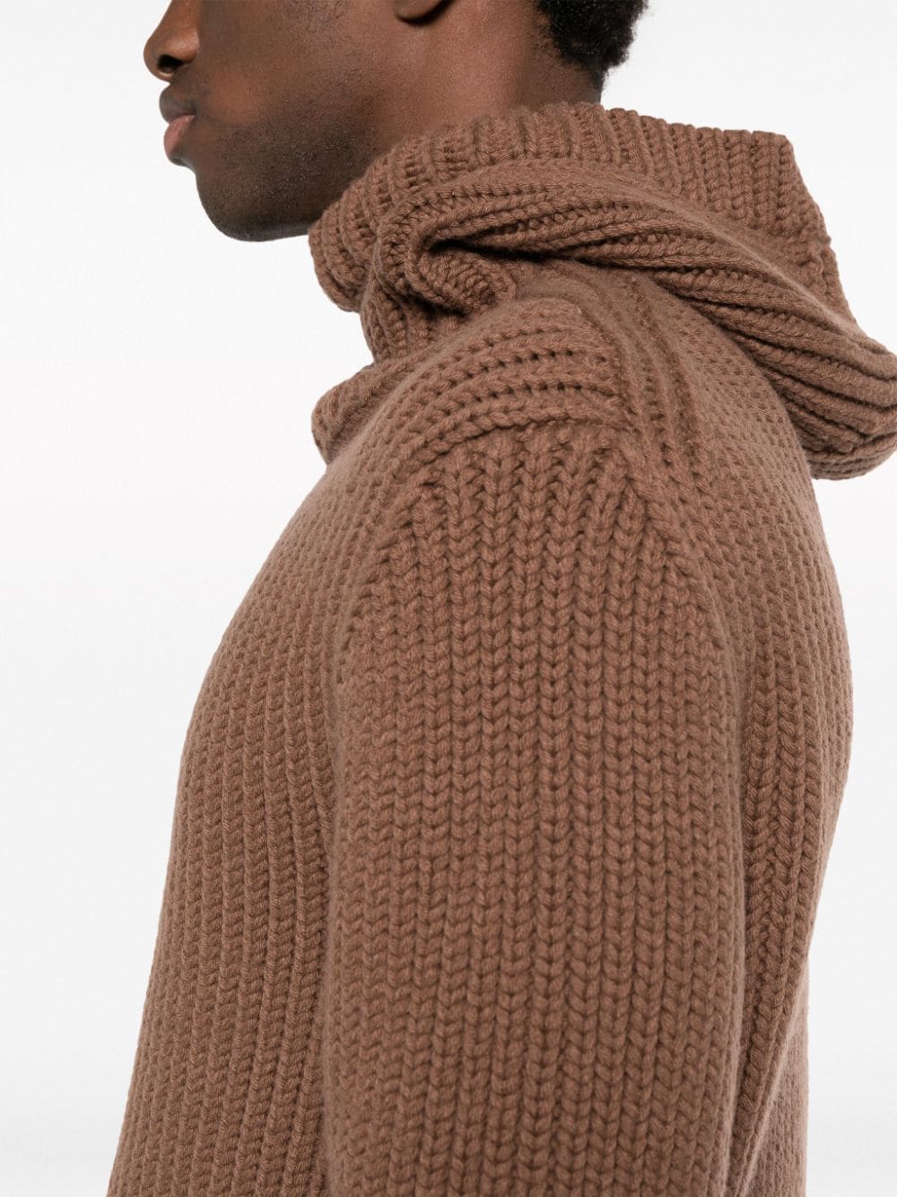 Shop Lanvin Ribbed-knit Hooded Jumper In Brown