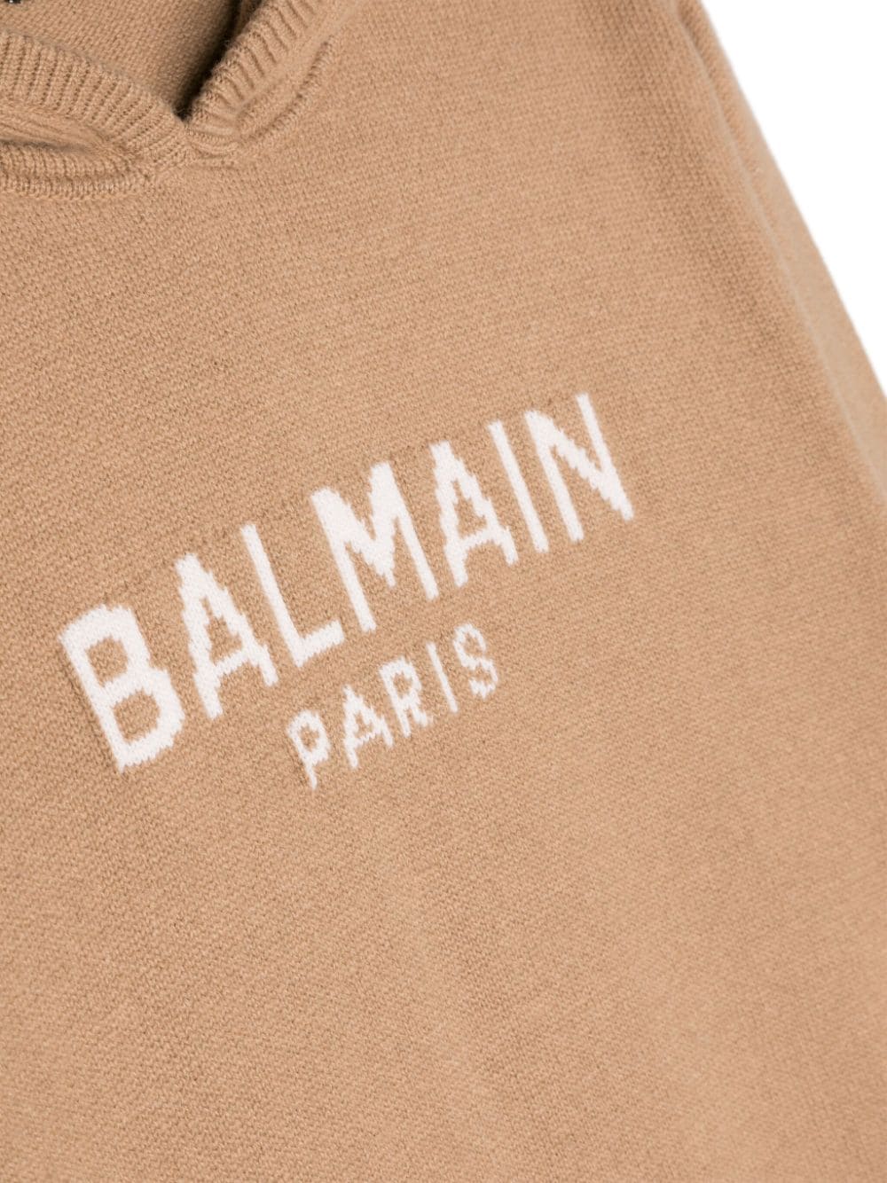 Shop Balmain Logo Intarsia-knit Wool-cashmere Blend Hoodie In Brown
