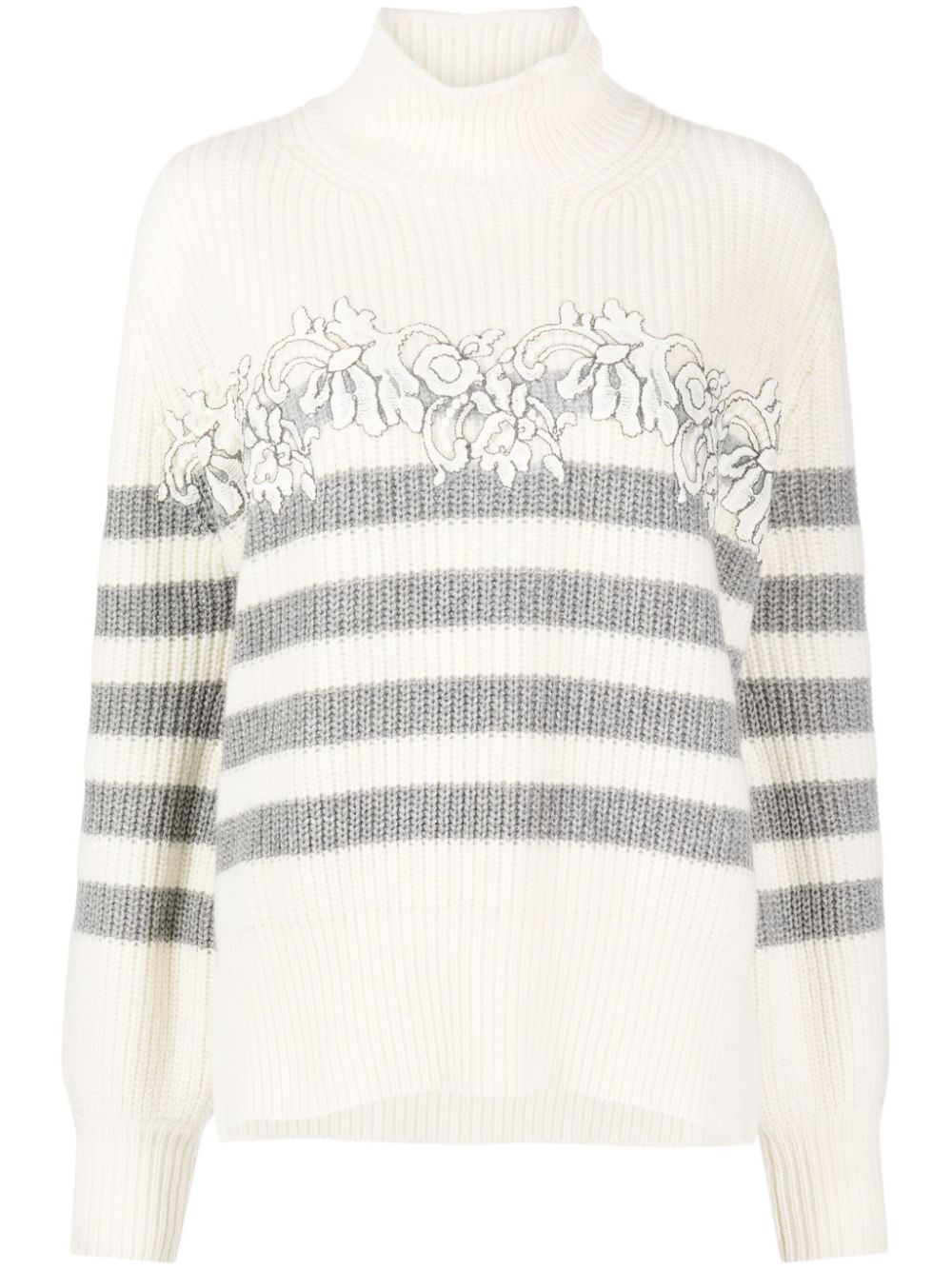 Ermanno Firenze Floral-embroidered Ribbed-knit Jumper In Neutrals