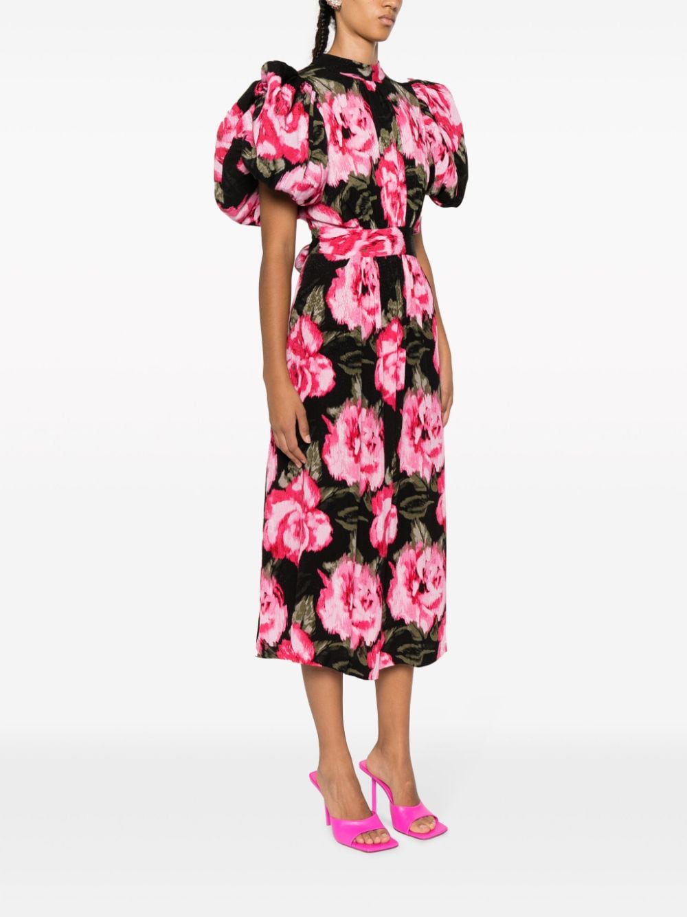 Shop Rotate Birger Christensen Floral-print Puff-sleeves Dress In Black