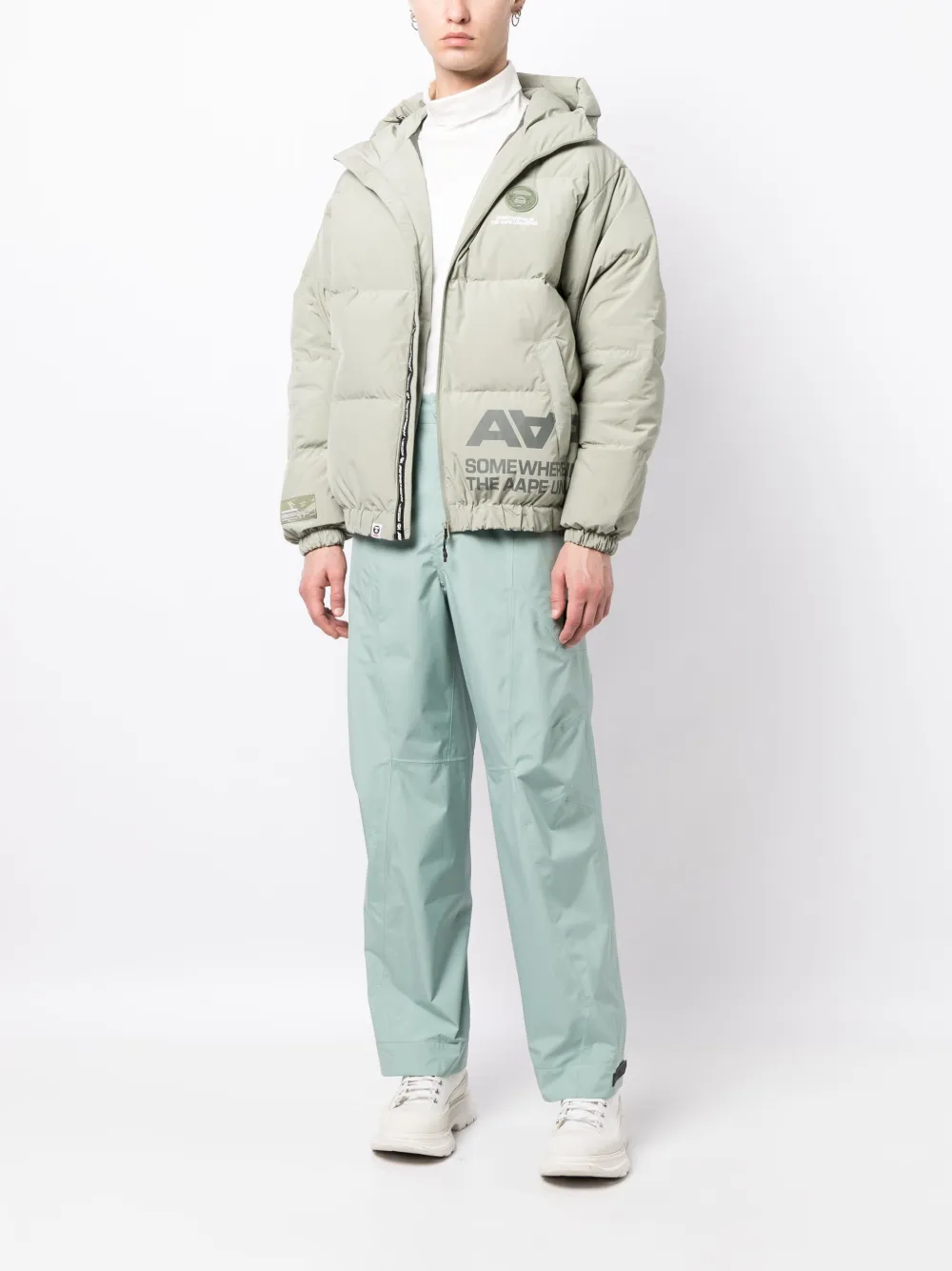 Shop Aape By A Bathing Ape Slogan-print Hooded Padded Jacket In Green