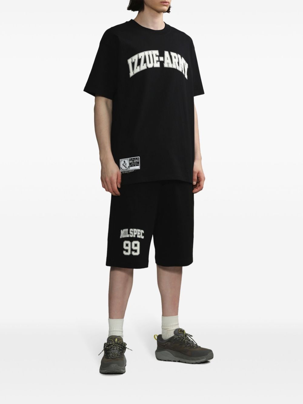 Shop Izzue Slogan-print Cotton Track Shorts In Black