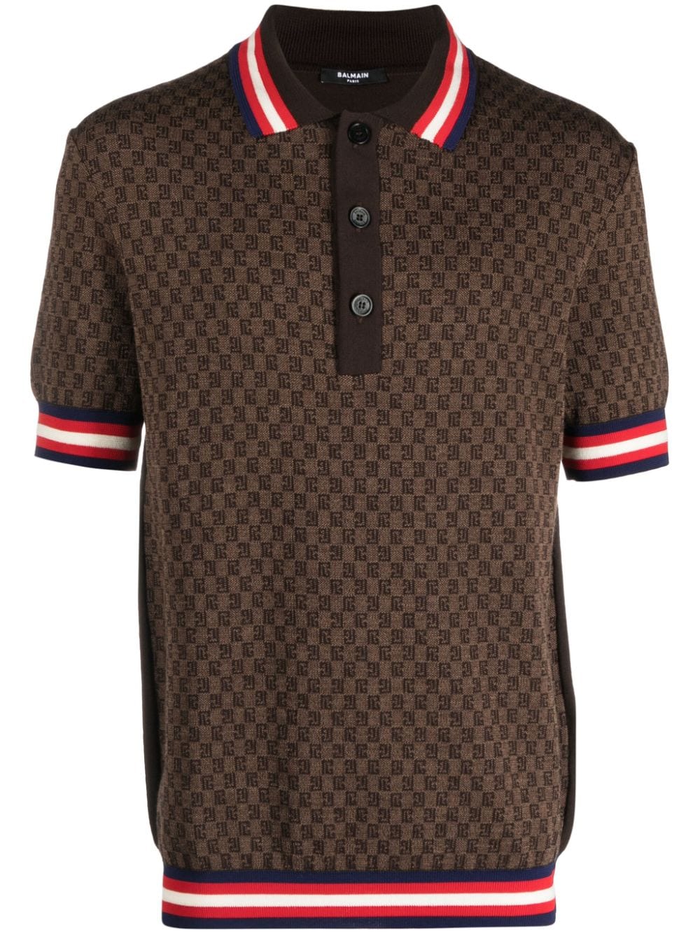 Balmain Monogram Printed Short Sleeved Polo Shirt In Brown