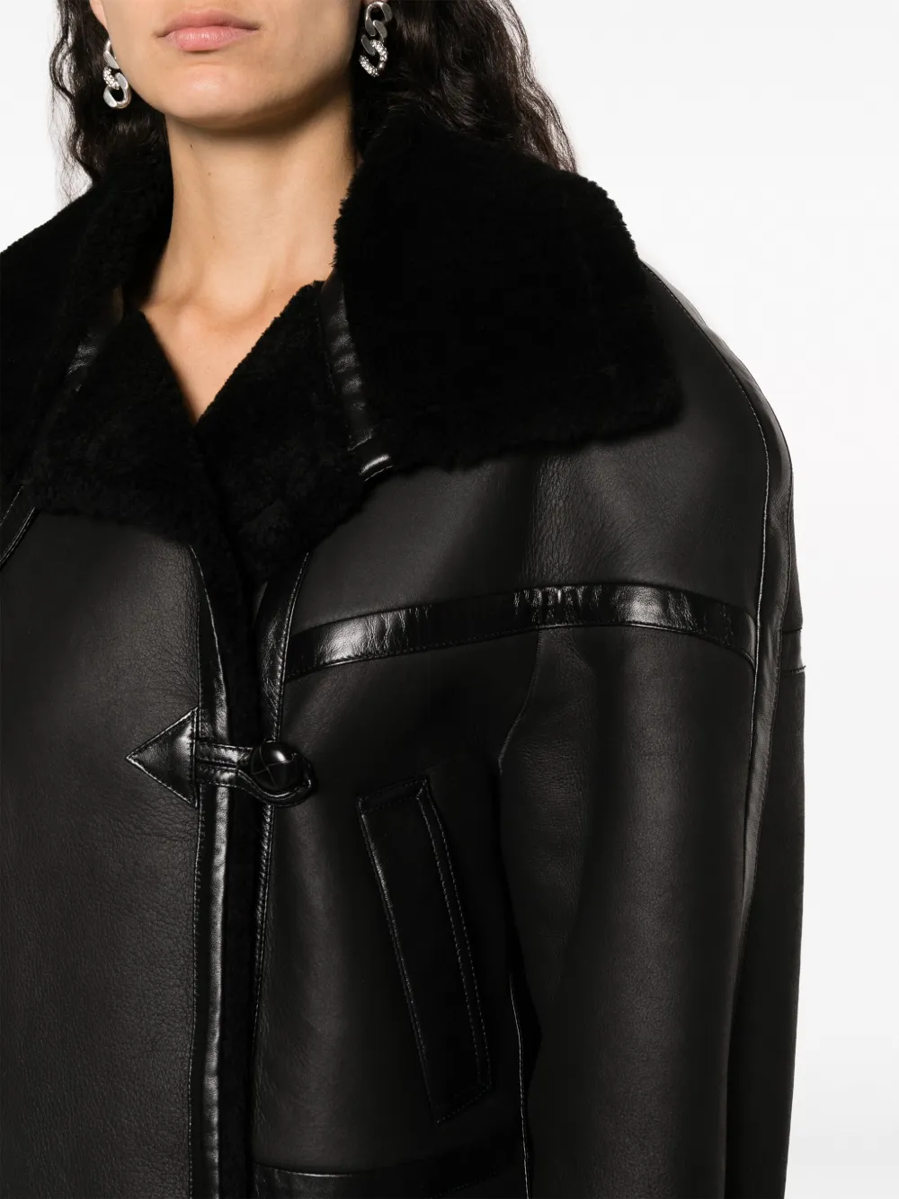Black leather and deals shearling jacket