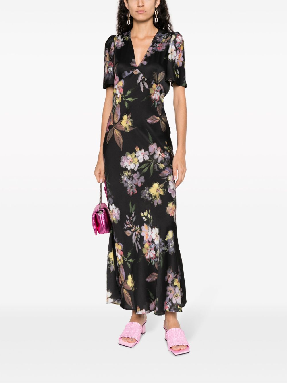 Shop Twinset Floral-print Satin Maxi Dress In Black