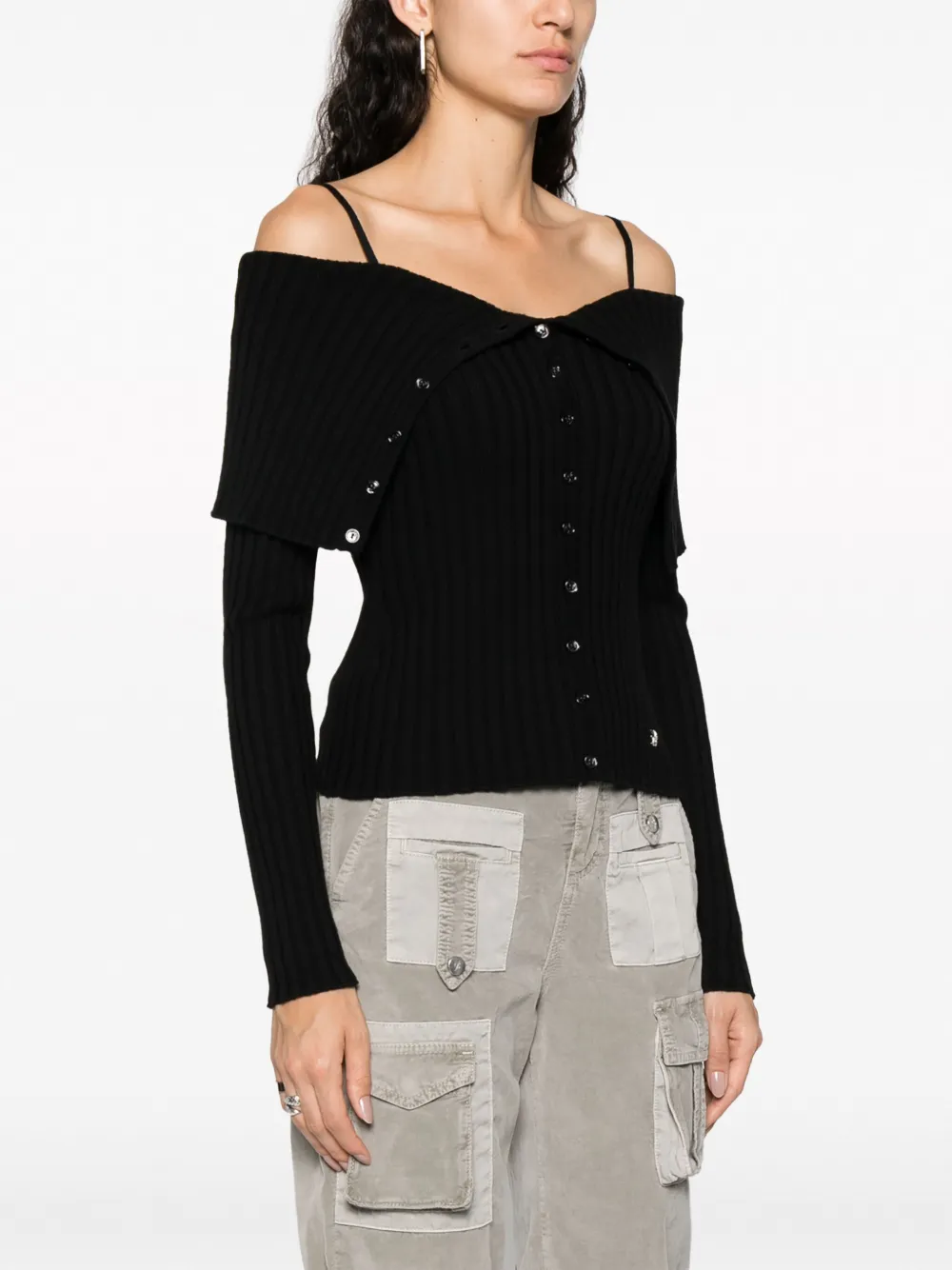 Blumarine Off-shoulder Ribbed Wool Cardigan In Schwarz