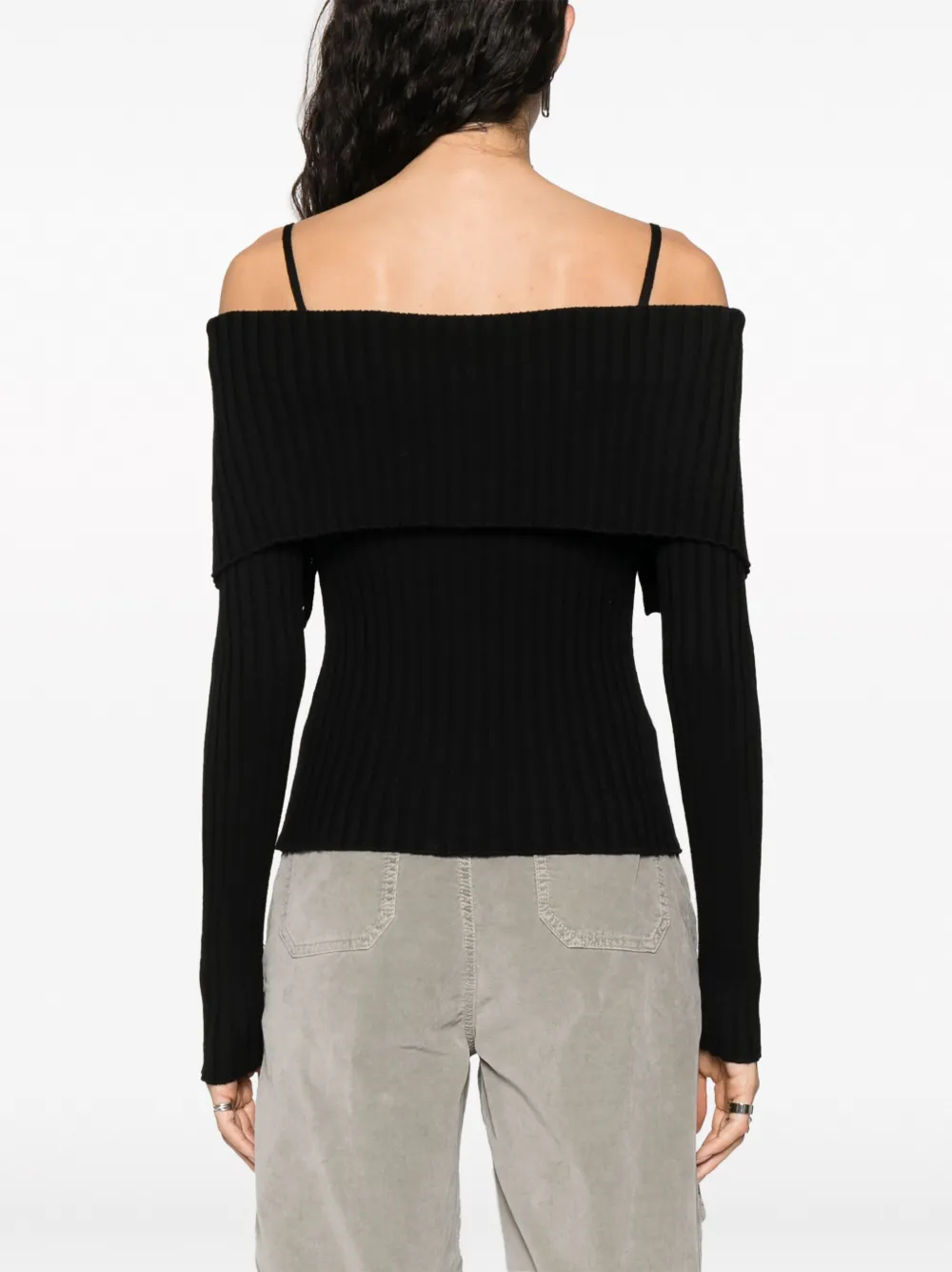 Blumarine Off-shoulder Ribbed Wool Cardigan In Schwarz